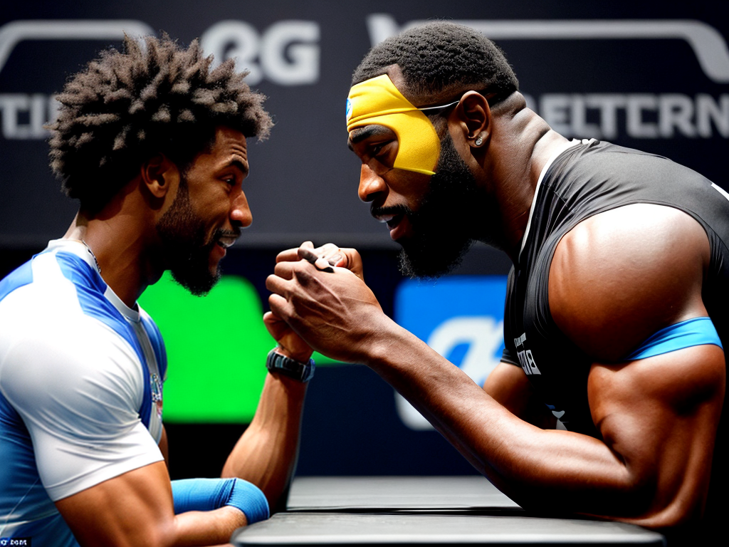 aligator person armwrestling a muscular black man on an armwrestling ...