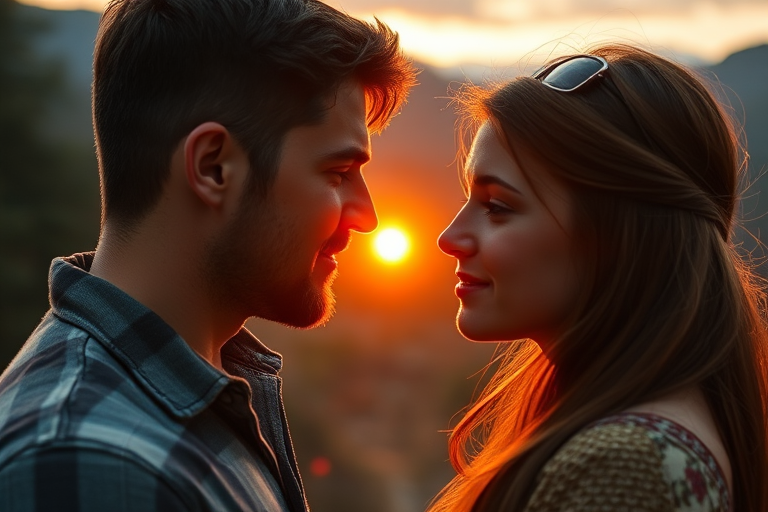 Create a romantic scene of a man and woman gazing deeply into each other's eyes in a lush, mountainous landscape during sunset, with soft lighting and vibrant colors, using a DSLR camera, 50mm lens, f/1.8 aperture, ISO 100, and a shallow depth of field to enhance emotional connection and detail in their expressions.