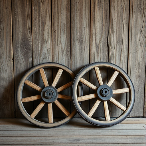 Vintage wooden wheels resting against a weathered, painted wooden backdrop, captured with a Canon EOS R5, ISO 100, f/2.8, 50mm lens, soft focus with natural lighting, shallow depth of field for enhanced depth and clarity.