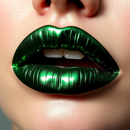 Metallic emerald green lips, christened "Enchanted Forest," showcasing a rich jewel tone and a foil-like finish for daring makeup looks