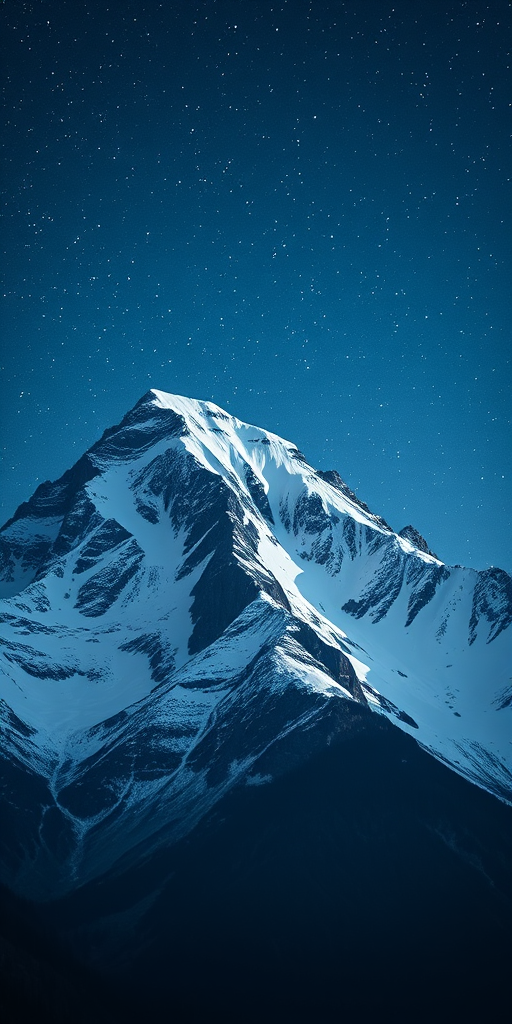 Capture a majestic snow-capped mountain peak under a starry night sky using a full-frame DSLR camera, with an aperture of f/2.8, a shutter speed of 20 seconds, ISO 1600, a wide-angle lens at 14mm, and in landscape orientation for enhanced detail and clarity.