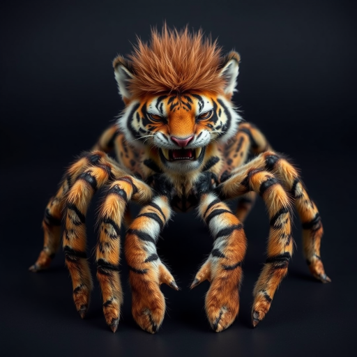 This charming yet frightening Spider Tiger features six legs, a hairy, furry body, and a cat-like tiger physique combined with an insectoid tiger head and tiger legs. The furry head further adds to the creature's unique appearance, creating a captivating blend of cuteness and fear that makes this six-legged, furry, insect-inspired tiger both adorable and scary.