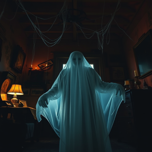 create a ghostly figure in a dimly lit haunted room with cobwebs and vintage decor, soft focus, f/2.8 aperture, 50mm lens, ISO 800, low angle view, cinematic lighting