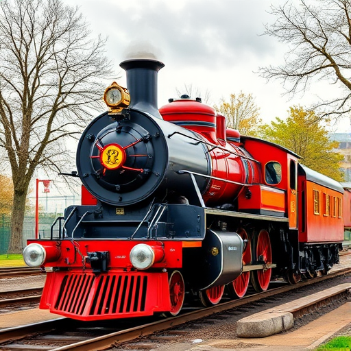 Create a high-resolution vector illustration of a classic steam locomotive in bright colors with intricate details, shot with a DSLR camera at f/8 aperture, ISO 100, 50mm lens, in a staged outdoor environment with soft natural lighting.