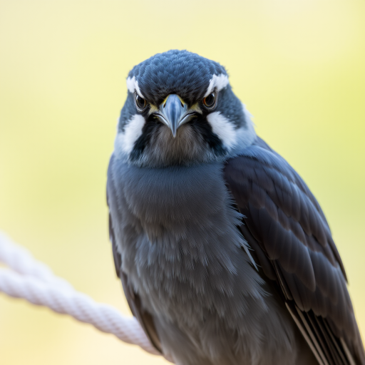 A close-up shot of a bird with a gray body and distinctive facial markings perched on a rope, natural light, aperture f/2.8, ISO 200, 50mm lens, shallow depth of field, DSLR camera.