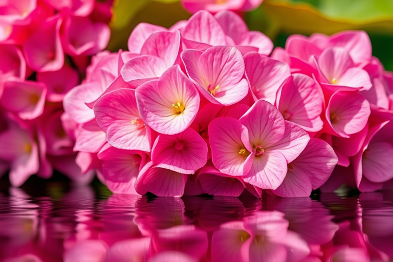 highly detailed close-up of vibrant pink hydrangeas with reflections in water, soft natural lighting, aperture f/2.8, ISO 100, shutter speed 1/200s, macro lens, digital camera