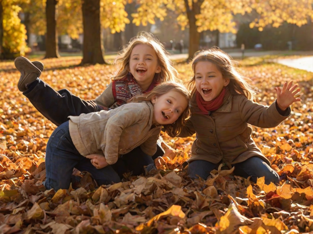 Warmly lit image of a group of children playing in a pile of autumn leaves, soft glow from the afternoon sun casting warm shadows on the ground, the smell of crisp leaves and fresh air filling the scene, laughter and joy frozen in the moment.