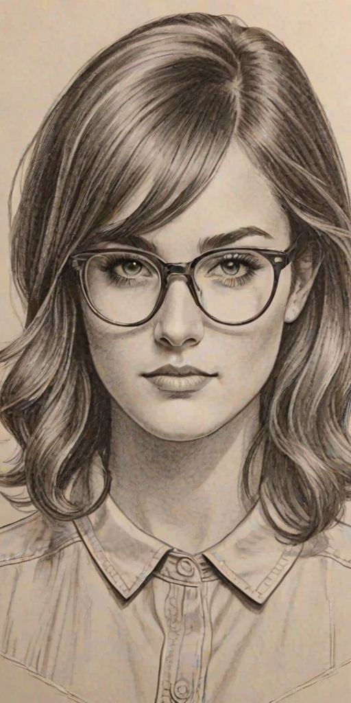Magnificent Scout Taylor-Compton, pencil sketch, portrait of Enticing woman 1960s in glasses, hair style beatnik, outline, clear lines, fine lines, 8k