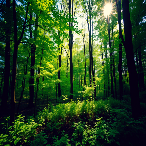 Generate a high-resolution image of a serene forest scene with lush greenery and sunlight filtering through the trees, captured with a DSLR camera at 50mm focal length, aperture f/2.8, ISO 200, and a slight tilt-shift effect to enhance depth of field.