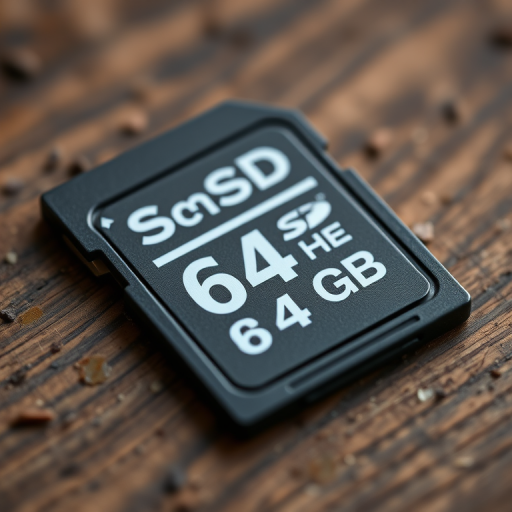 High-quality close-up of an SD card with 64GB capacity, shot with a Canon EOS R5, 85mm lens, aperture f/1.8, ISO 100, natural light, focus on the texture and details of the card.