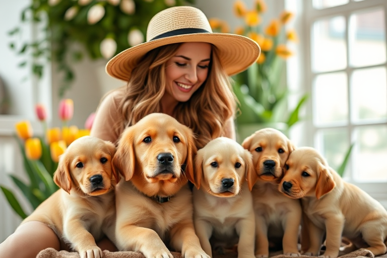 Capture a heartwarming scene of a woman with long, wavy hair wearing a wide-brimmed hat, sitting with a golden retriever dog and four adorable golden retriever puppies in a lush indoor setting with tulips and flowers, using a DSLR camera with a 50mm lens, aperture f/1.8, ISO 200, natural light, soft focus background for enhanced depth.