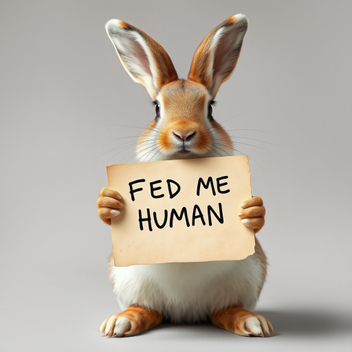 rabbit holding a note which says "FEED ME HUMAN"