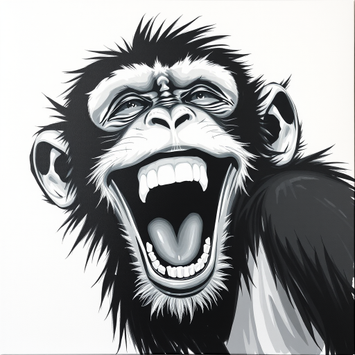 Abstract black and white acrylic portrait of an over exaggerated laughing (monkey). Minimalism style. White background.