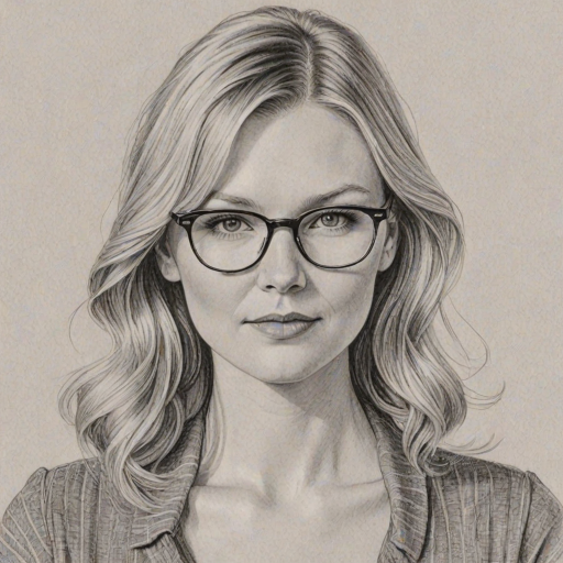 Gorgeous Kristen Dunst, pencil sketch, portrait of Charming woman 1941s in glasses, hair style beatnik, outline, clear lines, fine lines, 8k