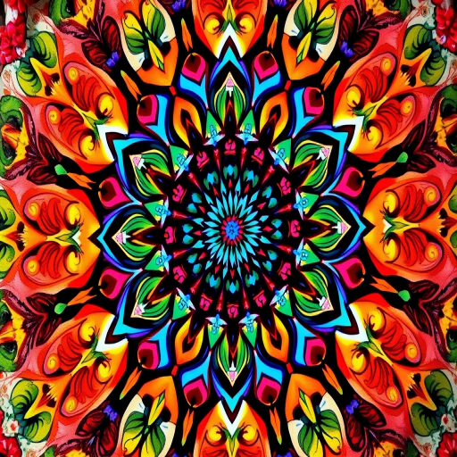 Create a vibrant and intricate mandala design with colorful floral patterns and symmetrical shapes, using a high-resolution digital camera at f/8 aperture, ISO 100, 24mm lens, and shot in soft natural lighting to enhance detail and color richness.