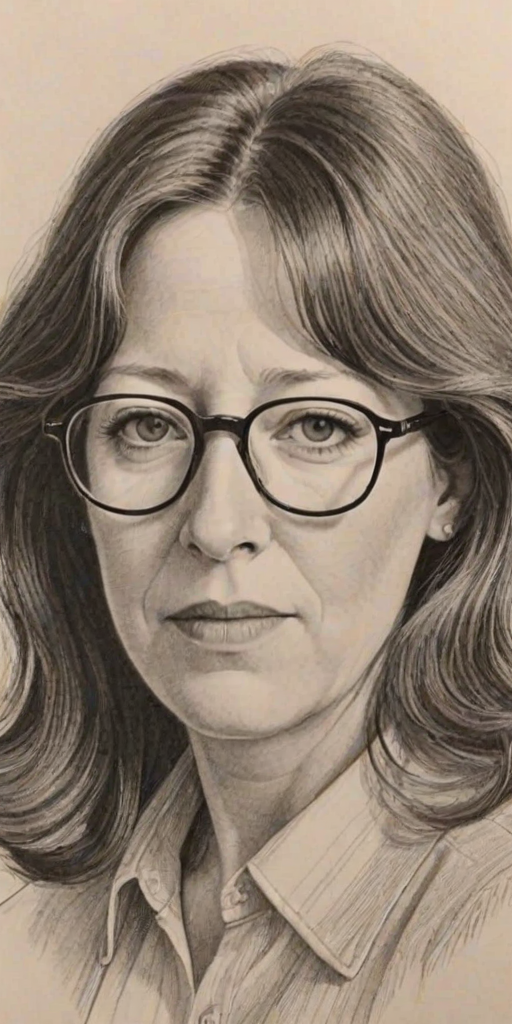 Exquisite Ann Dowd, pencil sketch, portrait of Stunning woman 1976s in glasses, hair style beatnik, outline, clear lines, fine lines, 8k