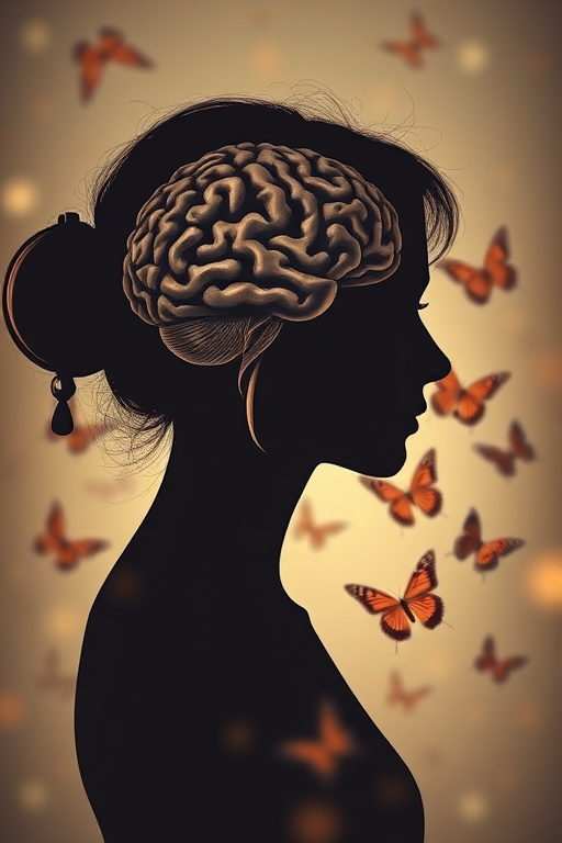 Create a surreal artwork featuring a silhouette of a woman with an intricate brain design inside her head, juxtaposed with a vintage pocket watch and softly layered butterflies in the background, captured with a DSLR camera at f/1.8 aperture, ISO 100, 50mm lens, using soft focus and warm color tones for a dreamy effect.
