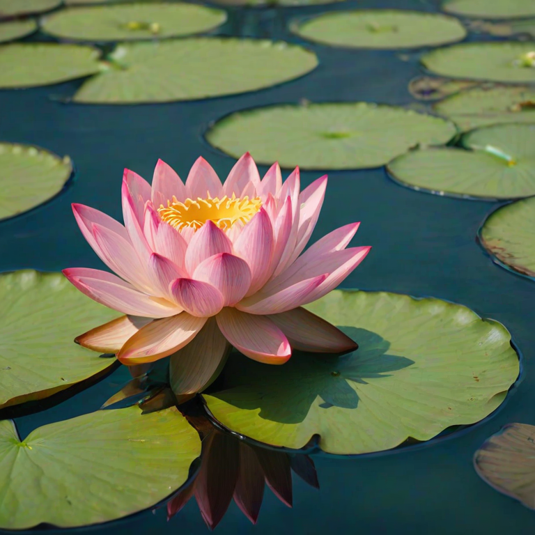Regenerate an image of a beautiful pink lotus flower with soft petals, situated among green lily pads in a tranquil water setting.