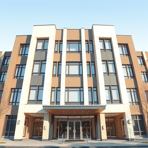 Create a high-resolution illustration of a modern building facade with a symmetrical design, wide-angle view using a DSLR camera at f/8 aperture, ISO 200, 24mm lens, natural daylight, and a clean background to highlight architectural features.