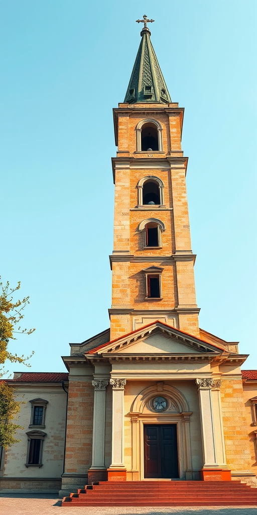 Generate a high-resolution illustration of a historical church with a tall bell tower, using a DSLR camera at 50mm, aperture f/8, shutter speed 1/200s, in natural daylight, with a wide-angle view for enhanced clarity and detail.