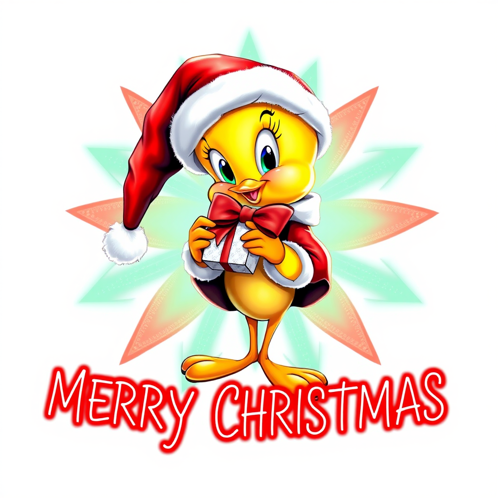Merry Christmas” cosmic star art tweety bird wearing a Christmas hat and Santa jacket holding gift with a big bow tweety bird is extremely detailed and vibrant behind her is star cosmic design on white background that’s all Christmas colors red green white the words “MERRY CHRISTMAS” is written at the bottom in red electric font outline in black 3000dpi 32k