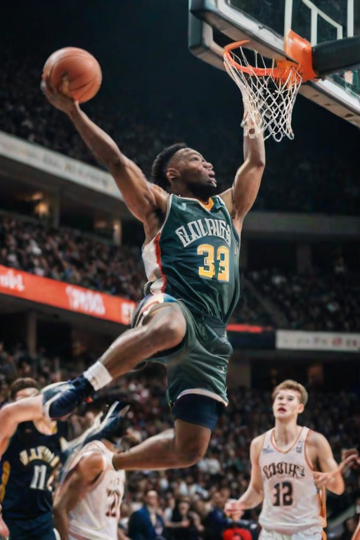 Blurry action shot of a basketball player leaping for a dunk, the ball suspended in mid-air, soft focus on the crowd cheering in the background, and the intense energy of the game.