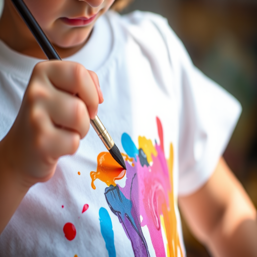 A close-up shot of a child's hand painting on a white t-shirt with vibrant colors, using a paintbrush, natural light, shallow depth of field, aperture f/2.8, ISO 200, focal length 50mm, DSLR camera.