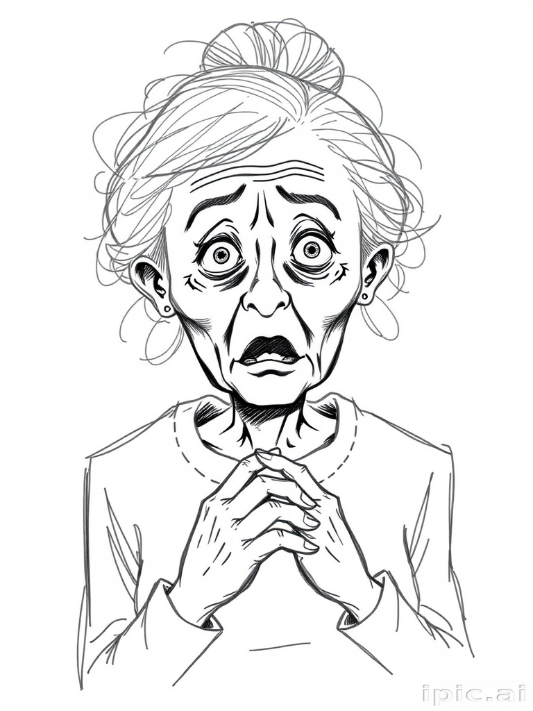 scribbly unfinished sketch, old lady with messy gray hair in a loose bun, surprised expression, mouth open, hands clasped together in front of her chest. Her eyes are wide, eyebrows are furrowed. vibe of shock or surprise.