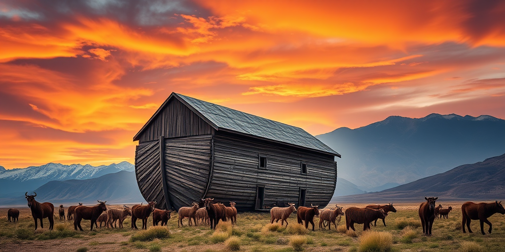 Create a high-resolution image of a massive wooden ark, set against dramatic mountains and a vibrant sunset sky, with animals approaching the ark, using a DSLR camera with a 50mm lens, aperture set to f/8, ISO 200, and a wide-angle view for depth and clarity.