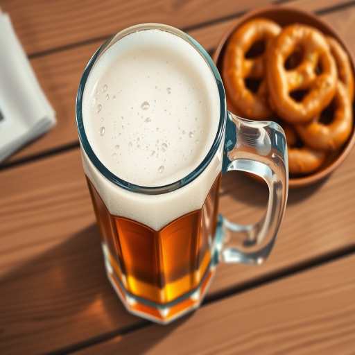 Create a detailed illustration of a frothy beer mug with condensation, placed on a wooden table next to a plate of pretzels, shot with a DSLR camera at f/2.8 aperture, ISO 100, 50mm lens, natural lighting, top-down view, high-resolution to capture textures.