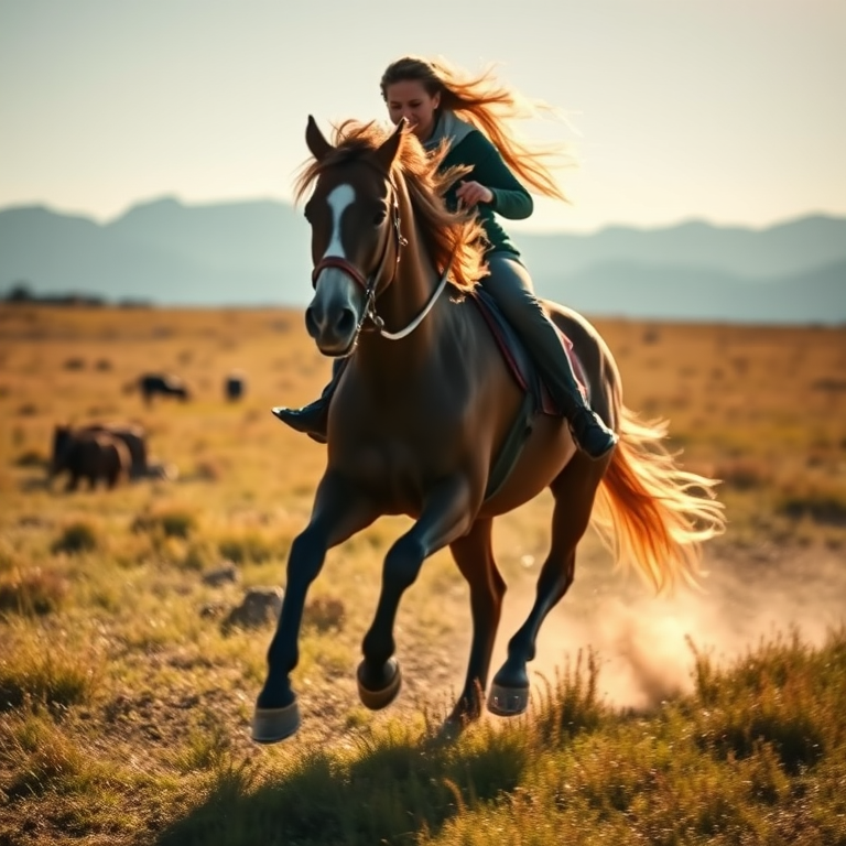 Blurry action shot of a horse galloping through a grassy field, mane flowing in the wind, rider holding the reins tightly, sunlight casting long shadows on the ground, distant mountains in the background, soft dust kicked up by the horse's hooves.