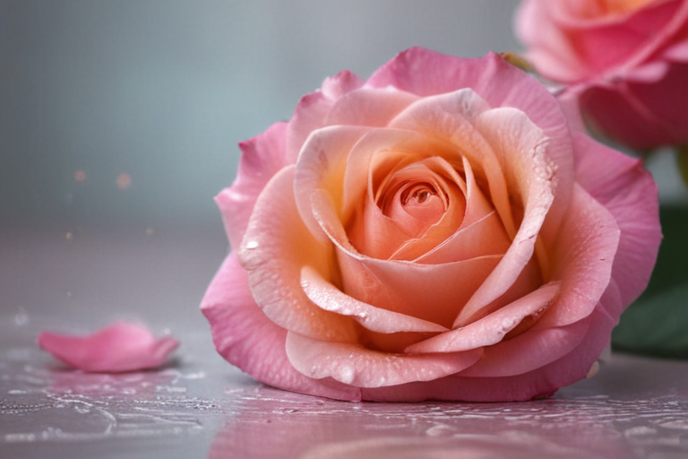 A Beautiful Pink Rose with Dew Drops Glimmering in Soft Light