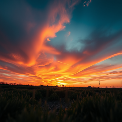 Create a high-resolution image of a serene landscape at sunset with vibrant colors in the sky, using a DSLR camera, 50mm lens, aperture f/1.8, ISO 100, shutter speed 1/200s, captured from a low angle perspective to emphasize foreground details.