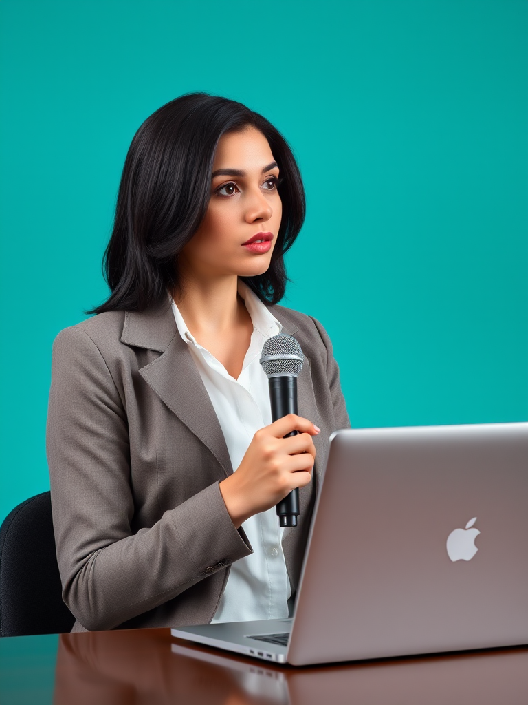 Create an image of a female reporter with dark hair, holding a microphone and speaking, positioned in front of a laptop, set against a solid teal background, using a DSLR camera at f/2.8 aperture, 50mm lens, natural lighting, and a high-resolution setting.