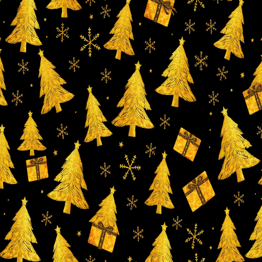 Create a seamless pattern featuring golden Christmas trees, gifts, snowflakes, and stars on a black background, captured with a DSLR camera at f/5.6, ISO 100, and 1/60 sec, top-down view in a vibrant, high-contrast style.