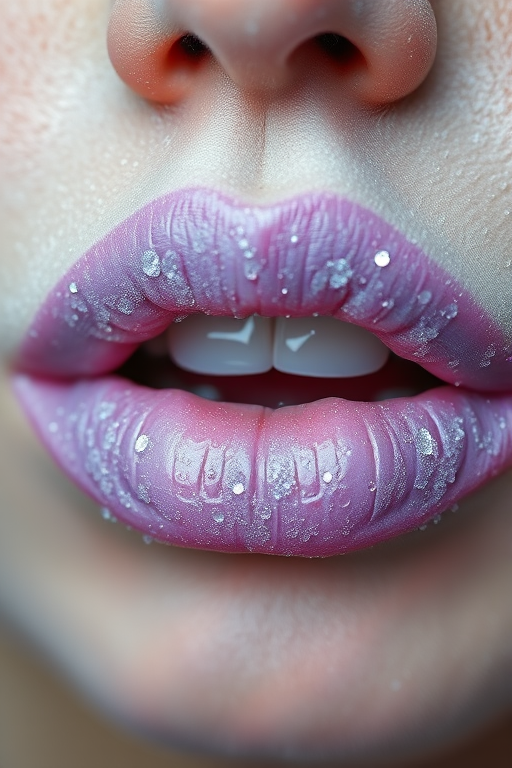 Striking depiction of frosted lavender lips with a sparkling overlay, showcasing a whimsical and ethereal quality in crystal-clear focus