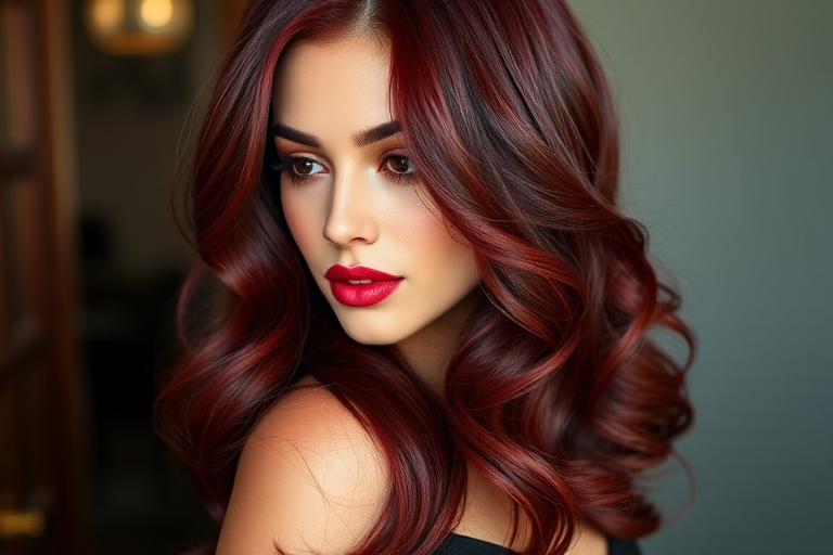 Deep burgundy hair styled in glamorous Old Hollywood waves with a deep side part exemplifies the classic "Vintage Velvet" look, incorporating subtle mahogany lowlights and a high-shine finish that adds depth and richness to the luxurious, ruby-red hues, evoking a sense of timeless elegance and sophistication