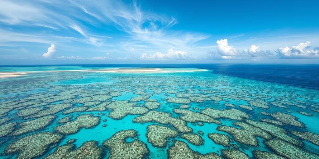 Aerial view of a vibrant coral reef with crystal clear turquoise waters and a curving shoreline under a partly cloudy sky, shot with a DSLR camera at 24mm, f/8, ISO 100, and 1/250s shutter speed.