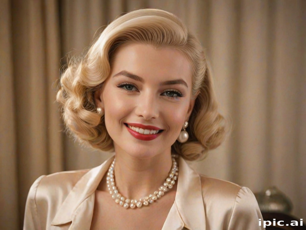 A beautiful woman reminiscent of 1950s Hollywood glamour, with perfectly styled blonde hair and a seductive smile, dressed in a satin blouse and adorned with pearls, soft and warm tones, photorealistic, 8K