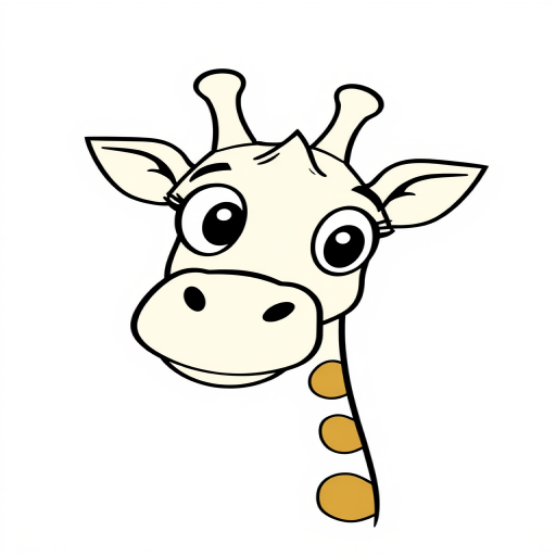 Create a simple cartoon drawing of a giraffe head with large eyes and a surprised expression peeking from the side of a blank canvas with a few spots on its neck.