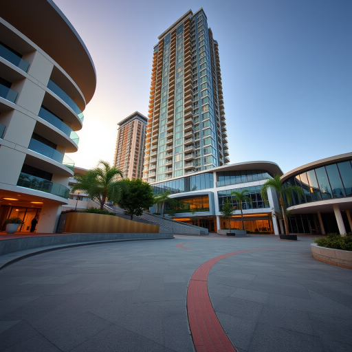 capture a modern architectural scene featuring a high-rise building surrounded by stylish low-rise structures, using a wide-angle lens, aperture f/8, ISO 200, shutter speed 1/250s, shot during golden hour for soft lighting and vibrant colors, emphasizing the unique curves and patterns of the pavement in the foreground, taken with a DSLR camera