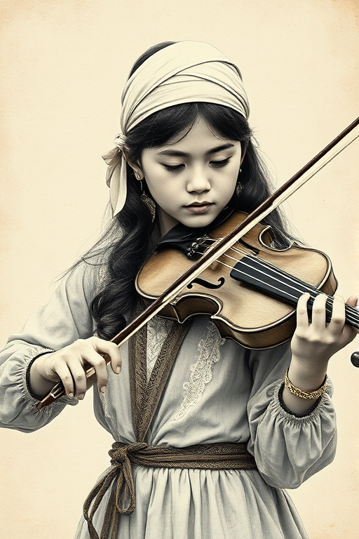 a young Kyrgyz woman with a white headband playing a violin, in the style of a charcoal drawing, sepia grunge background