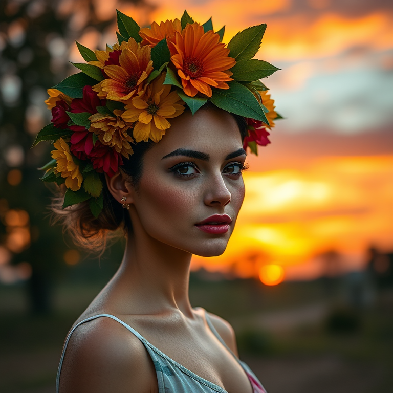 Create a portrait of a woman with a dramatic hairstyle made of flowers and leaves, set against a vibrant, colorful sunset backdrop with silhouettes of trees, using a Canon EOS R5, 85mm lens, f/1.2 aperture, ISO 100, with natural lighting and soft focus for depth.