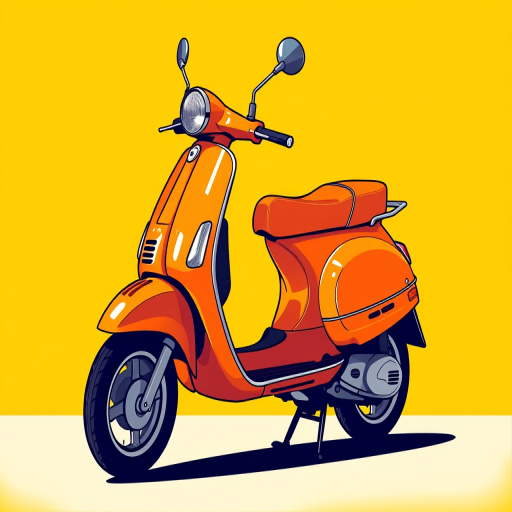 Create a vibrant illustration of a vintage scooter with an orange seat against a bold yellow background, using a DSLR camera with a 50mm lens at f/2.8 to achieve a shallow depth of field, capturing a slight angle to emphasize the scooter's curves, with high contrast and vivid colors for a striking effect.