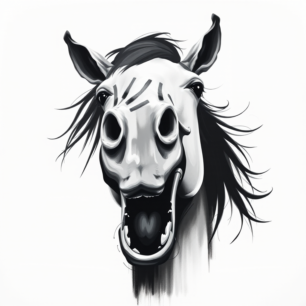 Abstract black and white acrylic portrait of an over exaggerated laughing (horse). Minimalism style. White background.