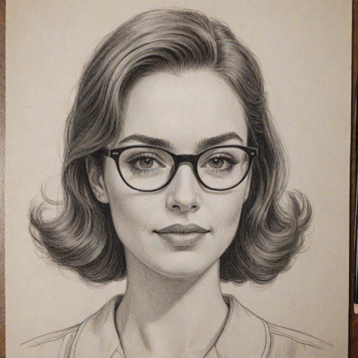 Captivating Eden Espinosa, pencil sketch, portrait of Charming woman 1957s in glasses, hair style beatnik, outline, clear lines, fine lines, 8k