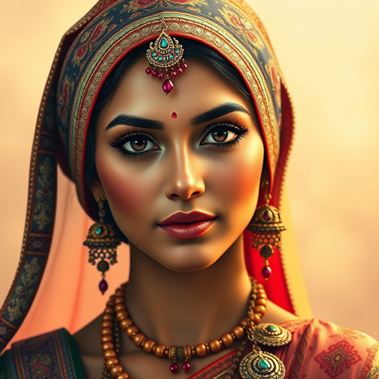 Create a portrait of a beautiful Indian woman with striking black eyes and a gentle expression. She is adorned in traditional attire with intricate patterns, including a richly embroidered headscarf and matching garments. Her jewelry includes a delicate headpiece, dangling earrings, and ornate bracelets, all featuring vibrant gemstones and detailed metalwork. The background is soft and warm, enhancing the rich colors of her outfit and jewelry.