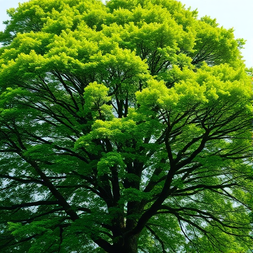 Create a high-resolution image of a large, lush green tree with a full canopy, photographed from a low angle to emphasize its height, using a DSLR camera at f/5.6 aperture, 1/200 sec shutter speed, ISO 100, natural lighting, and vibrant colors.