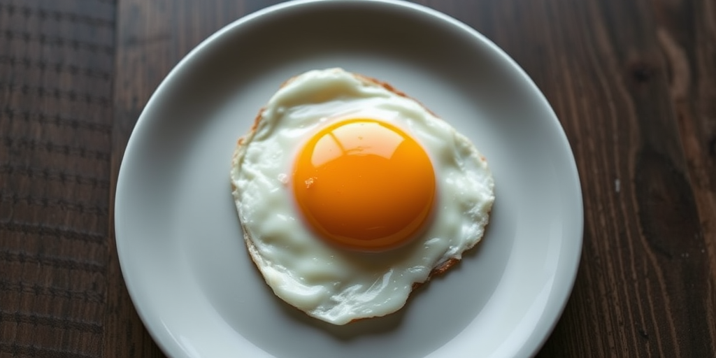 Create a realistic image of a sunny side up egg on a plate, captured with a 50mm lens at f/2.8, using a top-down view, natural lighting, and macro photography style for enhanced detail and texture.