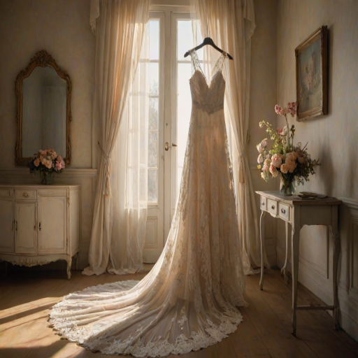 Softly lit, high-resolution image of a bridal dress hanging in a sunlit room, lace detailing on the train catching the light, flowers arranged on a small table nearby, an open window with sheer curtains billowing in the breeze, a mirror reflecting the scene from the opposite wall.